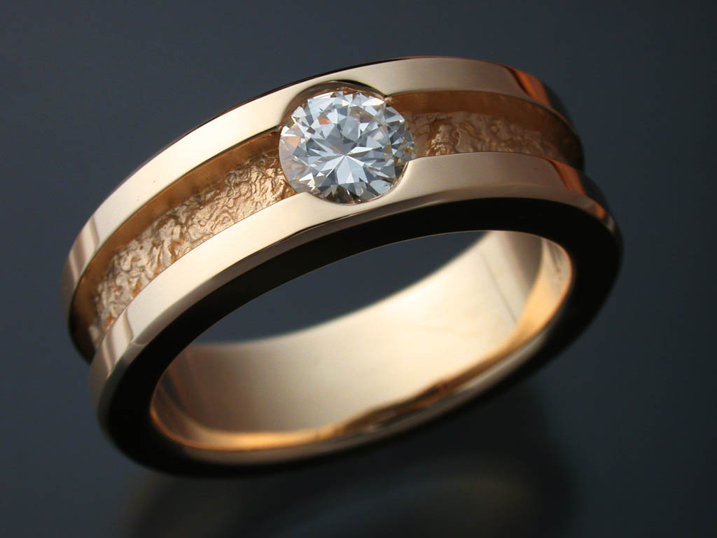 14k Gold Man’s Band with Diamond and Rock Texture