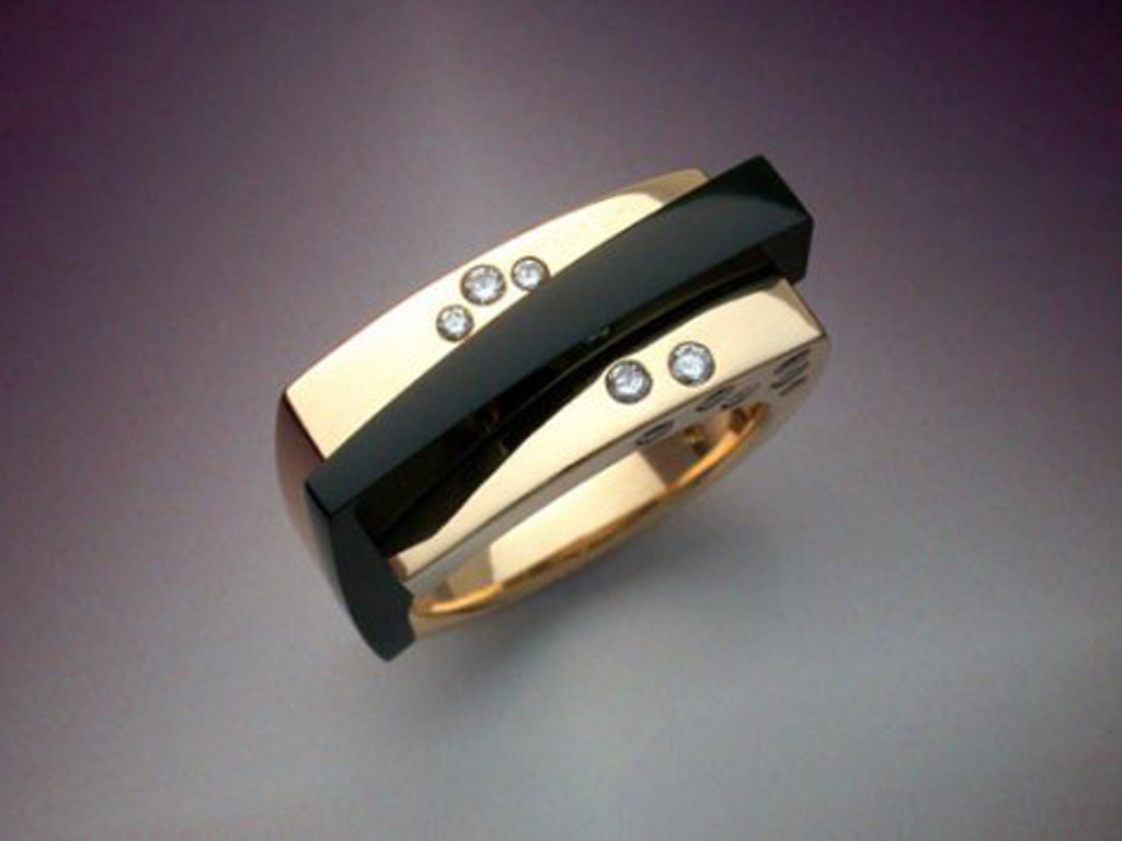 14k Gold with Black Jade Diamond Ring Metamorphosis Jewelry Design