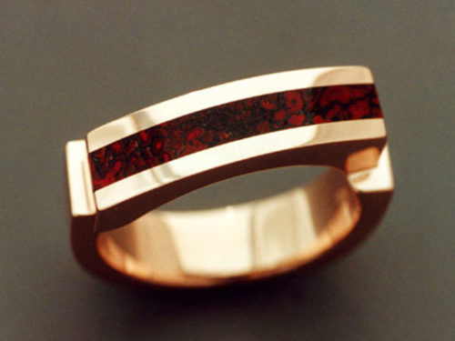 14k Rose Gold Ring with Dinosaur Bone Inlaid