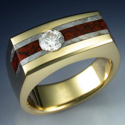 18k Gold Ring with Diamond, Dinosaur Bone & Meteorite