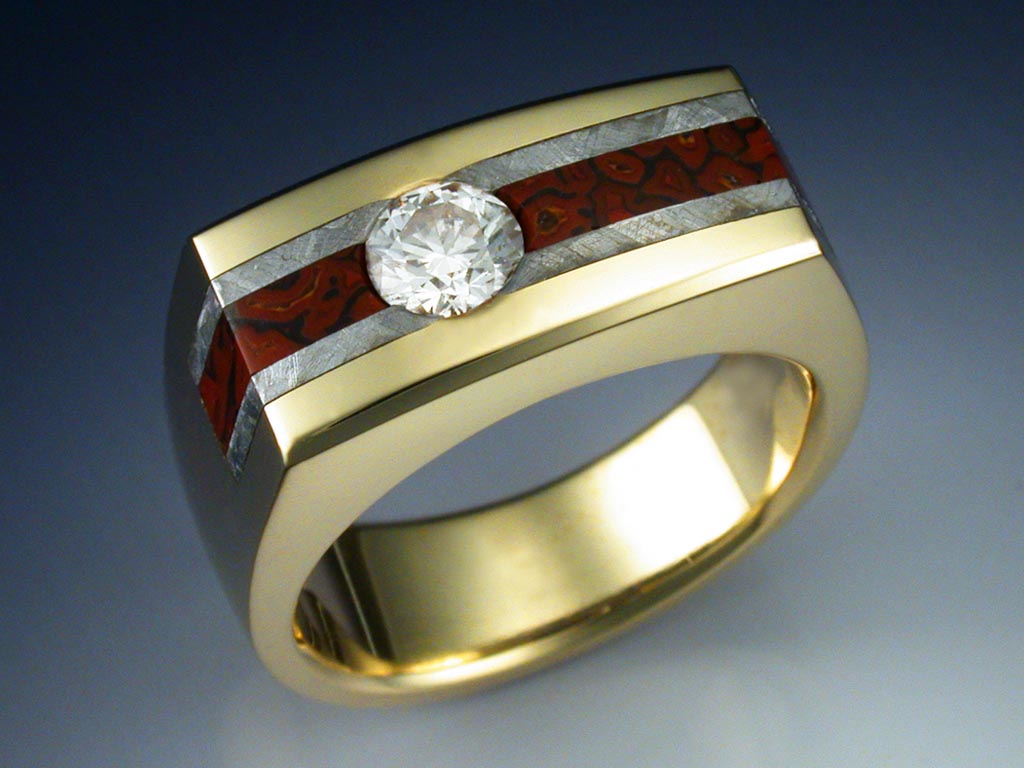 18k Gold Ring with Diamond, Dinosaur Bone & Meteorite