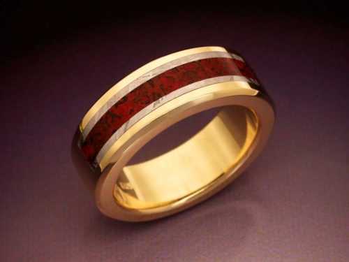 18k Gold Ring With Dinosaur Bone And Meteorite