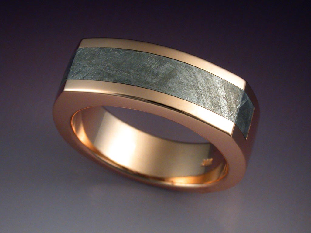 14k Rose Gold Man’s Ring With Meteorite Inlay