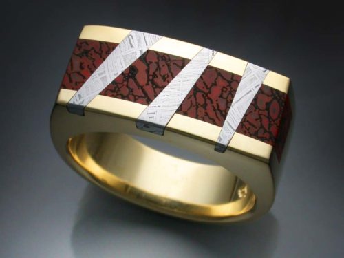 18k gold ring with Dinosaur Bone and Gibeon Meteorite inlays