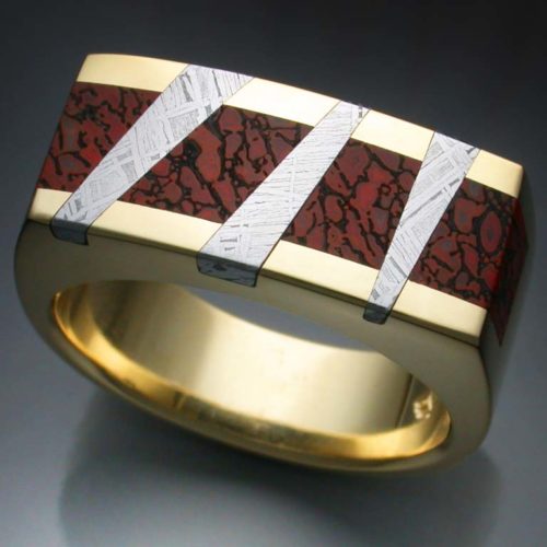 18k gold ring with Dinosaur Bone and Gibeon Meteorite inlays