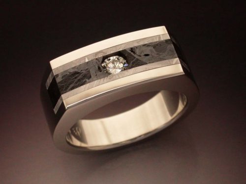 14k White Gold ring with Diamond, Huckitta & Gibeon Meteorite