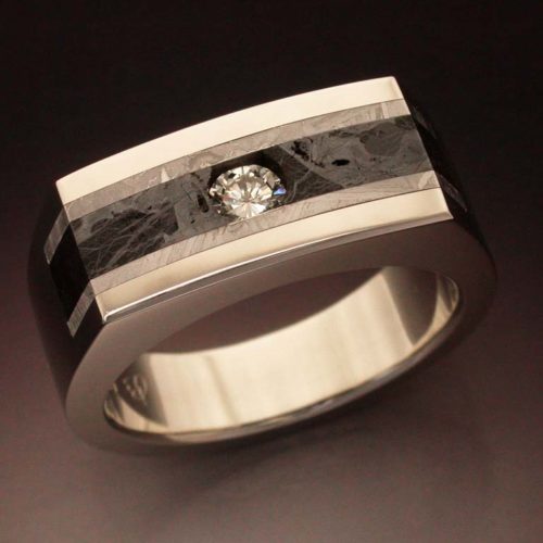 14k White Gold ring with Diamond, Huckitta & Gibeon Meteorite