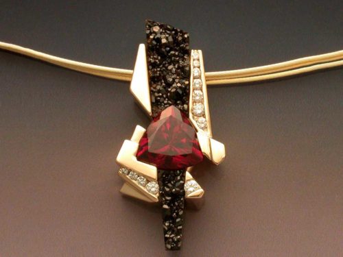 14k Gold Garnet & Black Druse Pendant