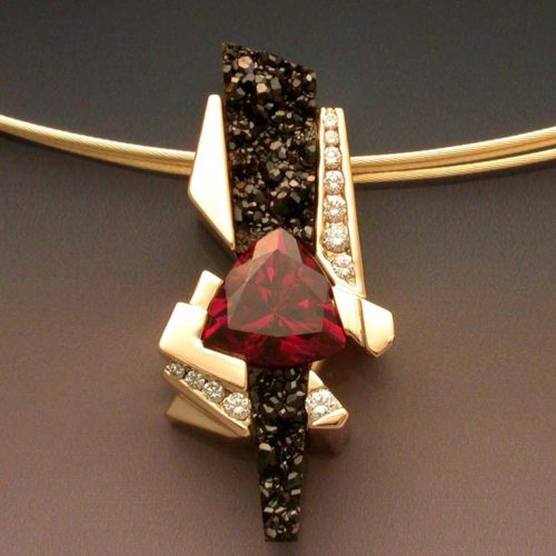 14k Gold Garnet & Black Druse Pendant