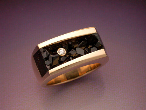 14k Gold Ring with Diamond & Melanite Garnet