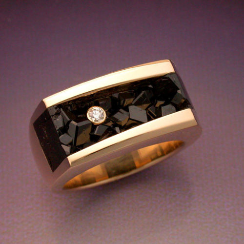 14k Gold Ring with Diamond & Melanite Garnet