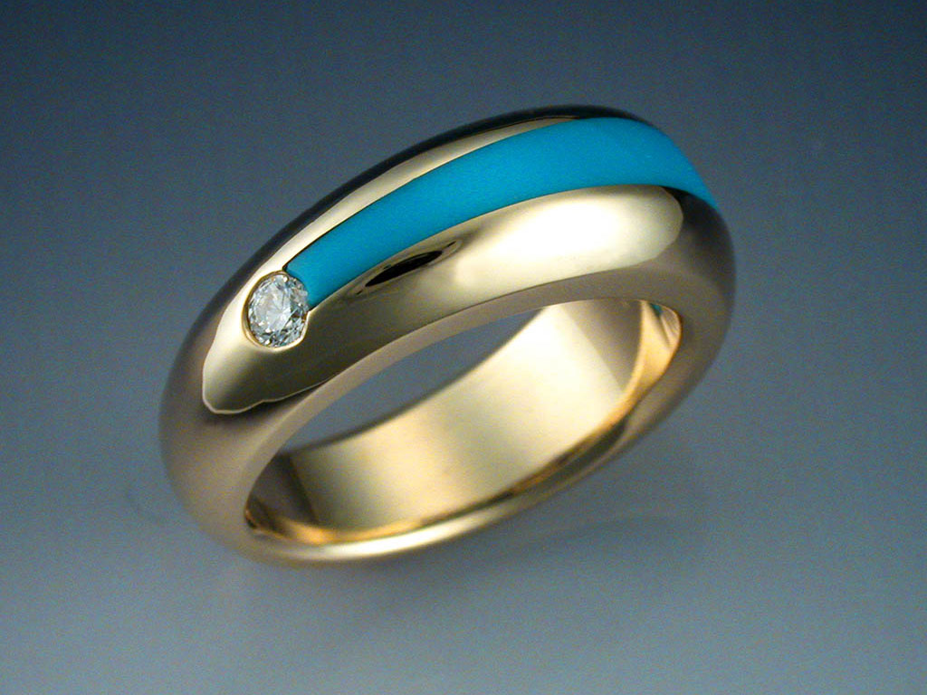 14K Gold Genuine Diamond And Turquoise Delicate Wedding Band Ring Fine Jewelry 