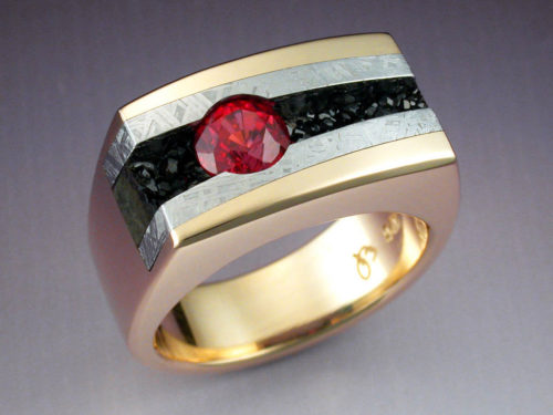 14k Gold Ring with Red Spinel, Meteorite, & Black Druse