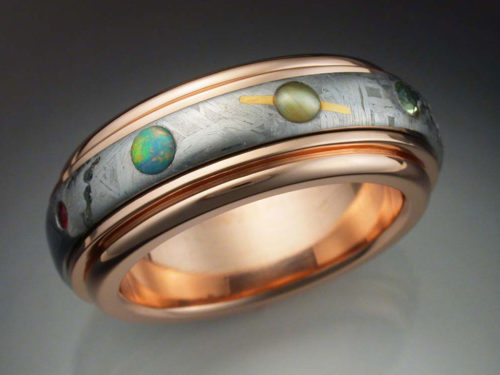 14k Rose Gold Nine Planets Ring with Meteorite & Gems