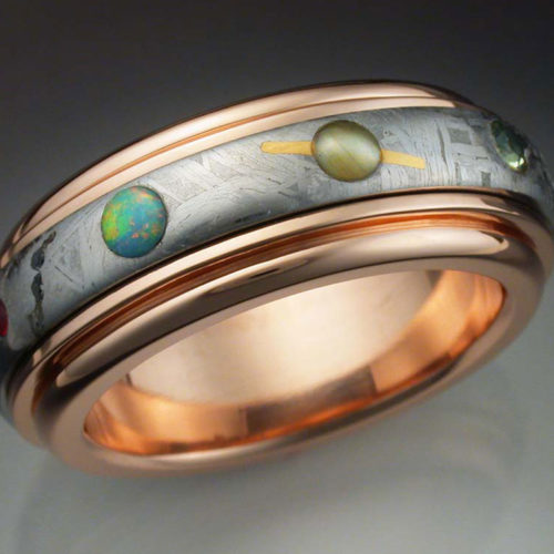 14k Rose Gold Nine Planets Ring with Meteorite & Gems