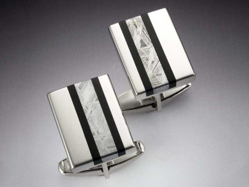 14k White Gold Cuff Links with Black Jade & Meteorite