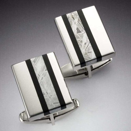 14k White Gold Cuff Links with Black Jade & Meteorite