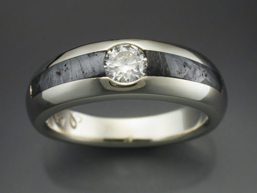 14k White Gold Ring with Huckitta Meteorite & Diamond