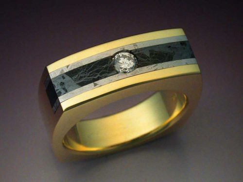 18k Gold & Diamond Ring with Gibeon & Huckitta Meteorite