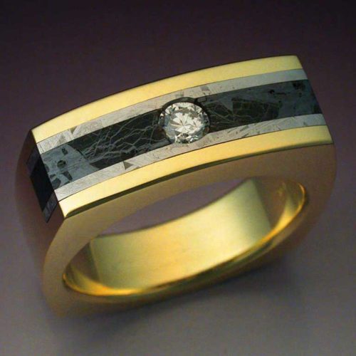 18k Gold & Diamond Ring with Gibeon & Huckitta Meteorite