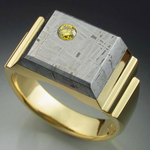 18k Gold Man’s Ring with Yellow Diamond & Meteorite