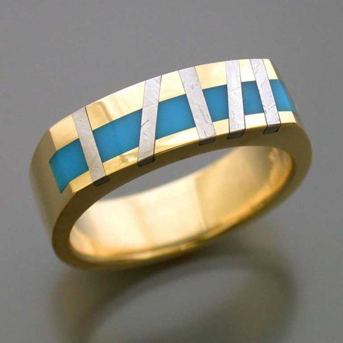 18k Gold, Meteorite & Turquoise Ring