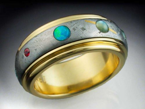 18k Gold Nine Planets Ring with Meteorite & Gemstones