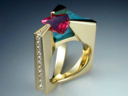 18k Gold, Pink Tourmaline, Diamond & Chrysocolla ring