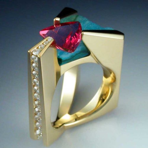 18k Gold, Pink Tourmaline, Diamond & Chrysocolla ring