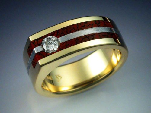 18k Gold Ring with Diamond, Meteorite, & Dinosaur Bone