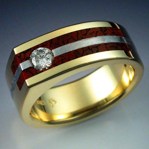 18k Gold Ring with Diamond, Meteorite, & Dinosaur Bone