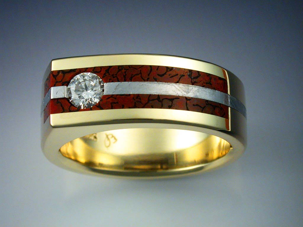 18k Gold Ring with Diamond Meteorite Dinosaur Bone