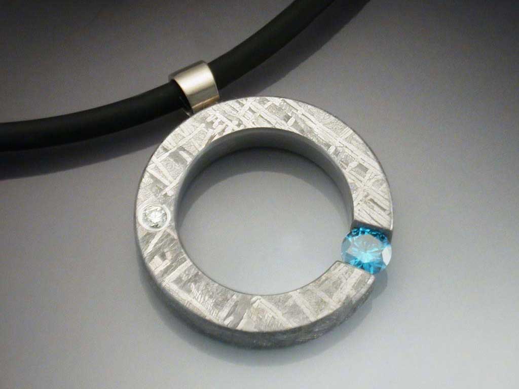Tension Set Blue Diamond & Gibeon Meteorite Pendant