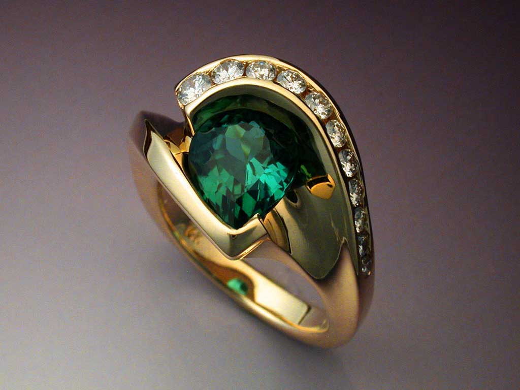 Pear Shaped Green Tourmaline & Diamond ring
