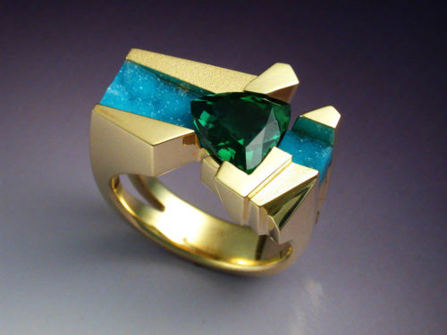 Unique 18k Gold Ring with Tourmaline & Chrysocolla