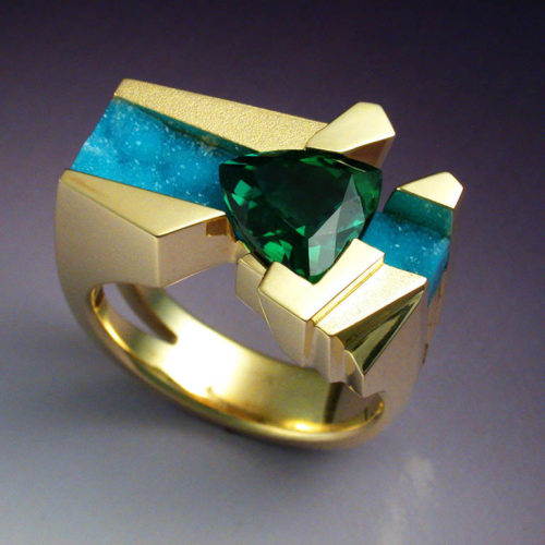 Unique 18k Gold Ring with Tourmaline & Chrysocolla
