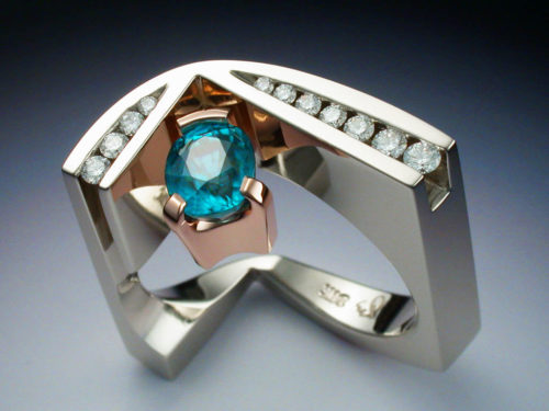 White & Rose Gold Ring with Blue Zircon & Diamonds - Metamorphosis ...