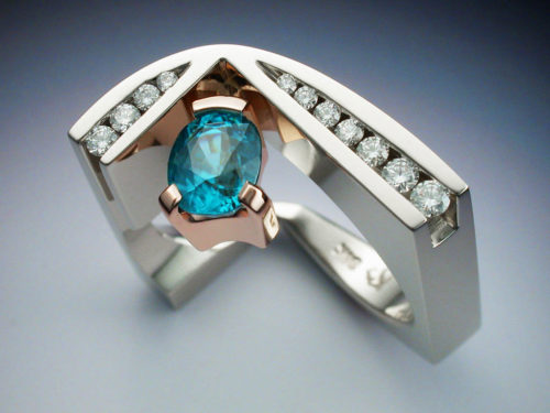 White & Rose Gold Ring with Blue Zircon & Diamonds