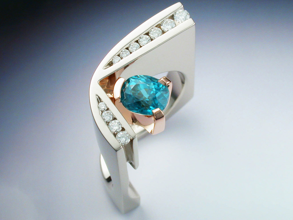 White & Rose Gold Ring with Blue Zircon & Diamonds - Metamorphosis ...