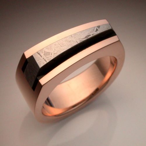 14k Rose Gold Ring with Black Jade & Meteorite