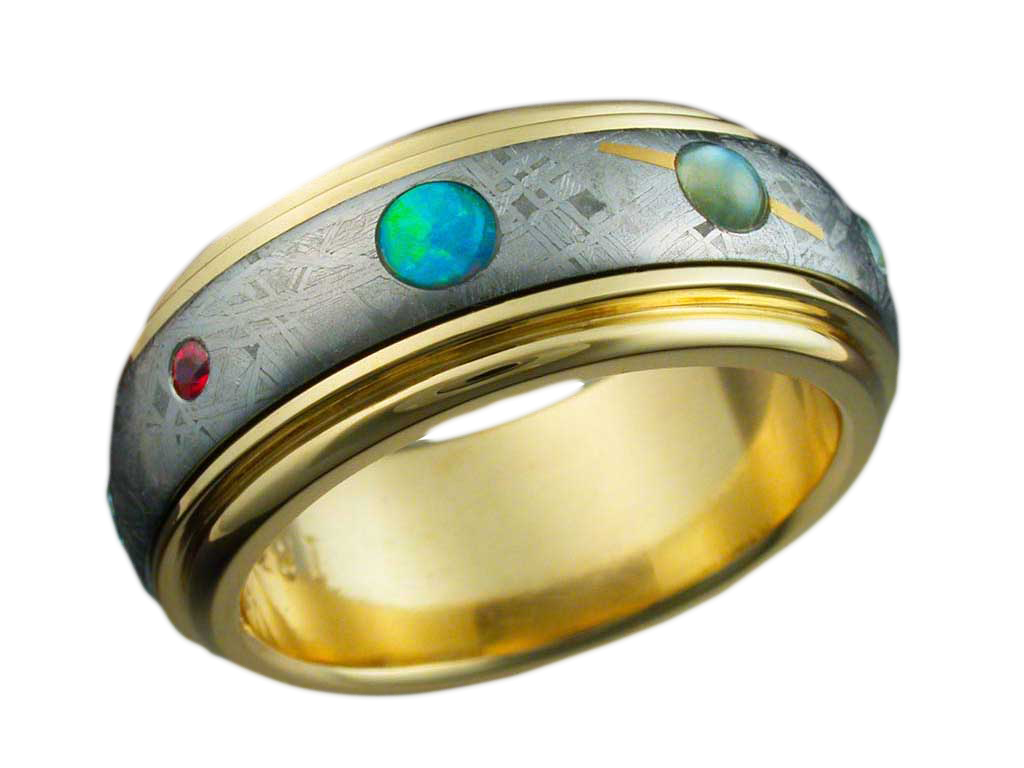 18K Gold Nine Planets Ring with Meteorite Gemstones