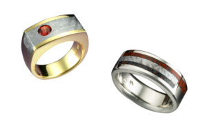 18k Gold Ring with Orange Sapphire & Meteorite and 14k White Gold Tambo Meteorite & Dinosaur Bone Ring