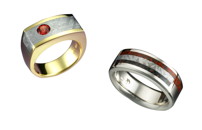 18k Gold Ring with Orange Sapphire & Meteorite and 14k White Gold Tambo Meteorite & Dinosaur Bone Ring