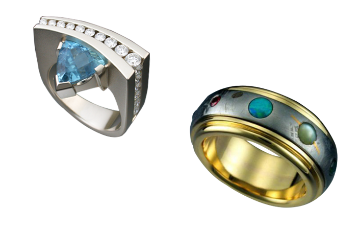White & Rose Gold Ring and 18k Gold Nine Planets Ring