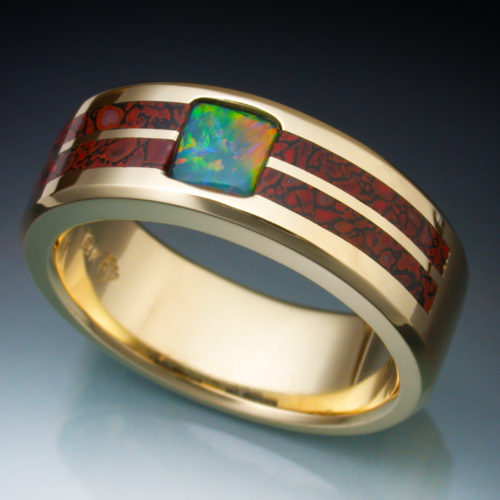 18k Gold Ring with Opal & Dinosaur bone